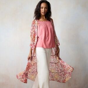 LC Lauren Conrad Bohemian Boho Ruana kimono duster cover up tiered white lotus‎